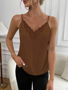 SHEIN Privé 蕾絲拼接吊帶上衣 - 咖啡棕 - 查看 3