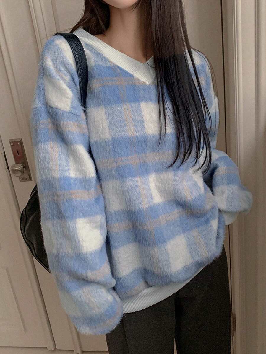 DAZY In kẻ sọc Thả vai Áo chui đầu Oversized - Xanh và trắng - Xem 1