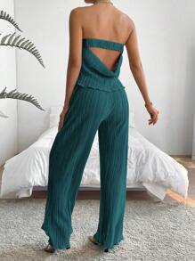 SHEIN Privé Solid Plisse Tube Top & Wide Leg Pants - Cadet Blue - View 3