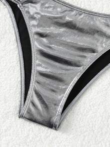 SHEIN Swim Bottom de bikini brillante fruncido lateral - Plateado - Ver 5
