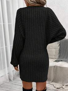 SHEIN LUNE Solid Batwing Sleeve Ribbed Knit Bodycon Dress - Black - View 2