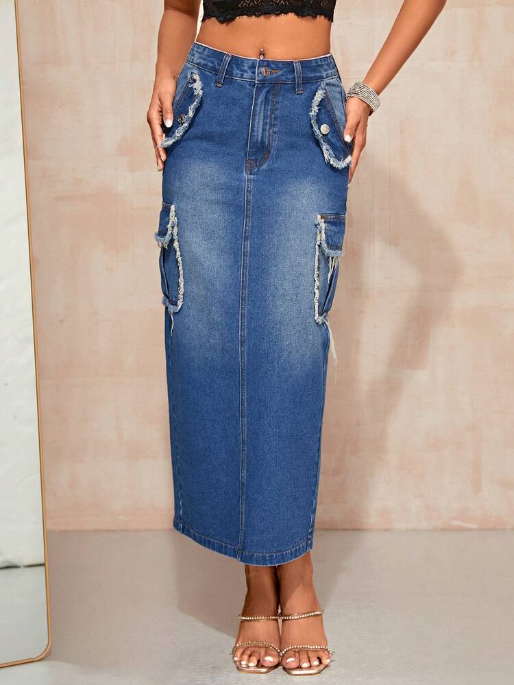 High Waist Flap Pocket Denim Skirt