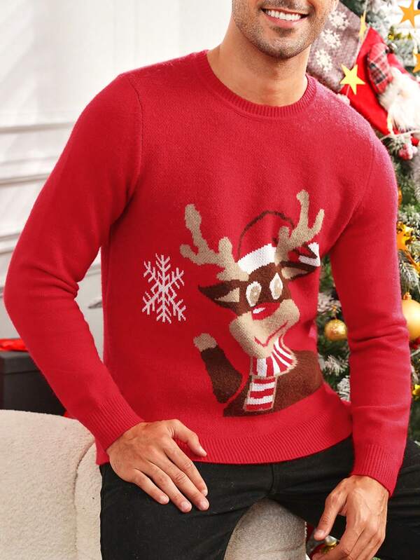 Manfinity VCAY Men Christmas Elk Pattern Funny Colorful Pullover Long Sleeve Sweater, For Party, Family Matching