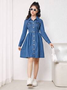 青少年女孩翻蓋細節前紐扣牛仔洋裝 - 深色水洗藍 - 查看 3