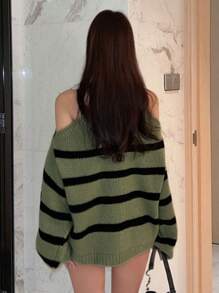 DAZY 条纹露肩超大毛衣、长袖上衣、秋装 - 橄欖綠 - 查看 2