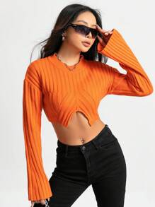 Flirla Áo len chui đầu dáng ngắn, vạt không đối xứng, màu trơn, thích hợp cho mùa thu đông. - trái cam - Xem 5