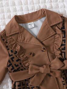 Baby Girl Geo Print Ruffle Trim Double Breasted Belted Trench Coat - Khaki - View 4