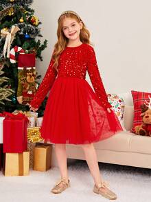 Vestido de malla tejida para niña preadolescente con cuello redondo de punto con cuentas y parches - Rojo - Ver 5