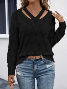 SHEIN LUNE 露肩针织套头衫秋冬毛衣 - 黑色 - 查看 4