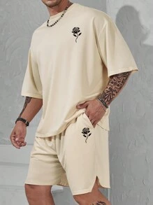 Manfinity Homme Men's Plus Size Loose-Fit Floral Print T-Shirt & Shorts Set - Apricot - View 5