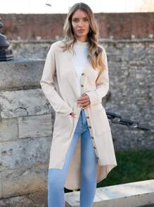 SHEIN LUNE Solid Button Front Dual Pocket Cardigan - Beige - View 5