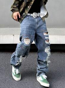 Manfinity EMRG Men Splash Ink Print Ripped Frayed Straight Leg Jeans Without Belt Oversize Long Acid Wash Jean Cargo Plain Dark Blue Going Out Punk Rock Rapper - Light Wash - View 1