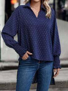 SHEIN LUNE Swiss Dot Lantern Sleeve Blouse - Navy Blue - View 5