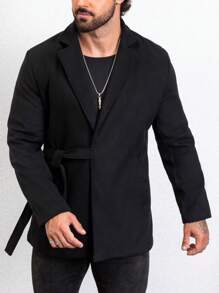 Manfinity Homme Men Lapel Neck Belted Overcoat - Black - View 4