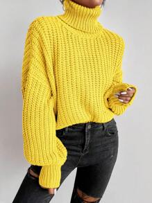 SHEIN LUNE 高領落肩袖條紋針織套頭毛衣 - 黃色 - 查看 6