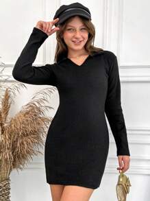 RueChic Tween Girl Solid Ribbed Knit Dress - Black - View 1