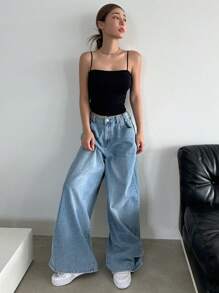 DAZY Women's Solid Color Spaghetti Strap Solid Crop Cami Tops,Thermal Lined - Black - View 8