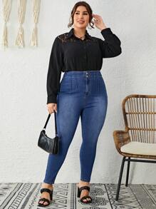 SHEIN LUNE 大碼高腰前紐扣緊身牛仔褲 - 藍色 - 查看 1