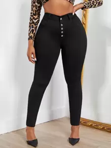 SHEIN SXY Plus Size Plain Color Button Fly Skinny Pants - Black - View 1