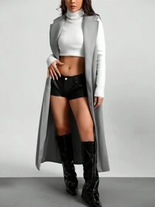 SHEIN Unity Lapel Neck Sleeveless Belted Longline Overcoat - Grey - View 3