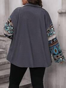 Calvaya 大碼佩斯利印花落肩袖燈芯絨大衣 - 黑色 - 查看 2