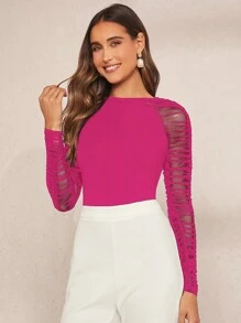 SHEIN Clasi Solid Ripped Raglan Sleeve Slim Fit Tee - Hot Pink - View 6