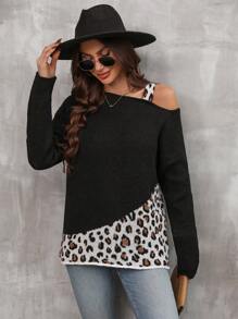 SHEIN LUNE 豹纹图案不对称领口落肩针织套头衫秋冬毛衣 - 黑色 - 查看 1