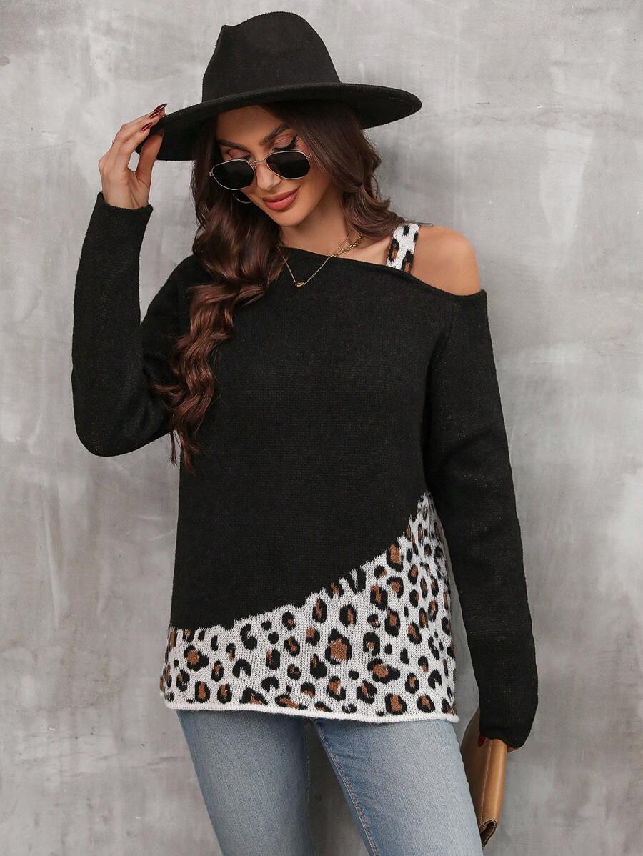 SHEIN LUNE Áo len chui đầu họa tiết da báo cổ lệch vai, thích hợp cho mùa thu đông. - màu đen - Xem 1