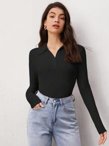 SHEIN BASICS Solid Ribbed Knit Tee - Black - View 5