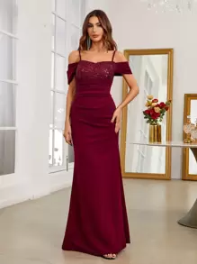 SHEIN Belle Burgundy Red Cold Shoulder Contrast Sequin Mermaid Hem Formal Dress - Burgundy - View 7