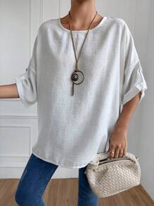 SHEIN Cottnline Solid Roll Up Sleeve Button Detail Blouse - White - View 5