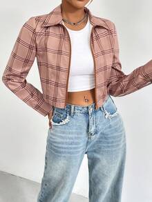 SHEIN Essnce Plaid Print Zip Up Shirt - Multicolor - View 2