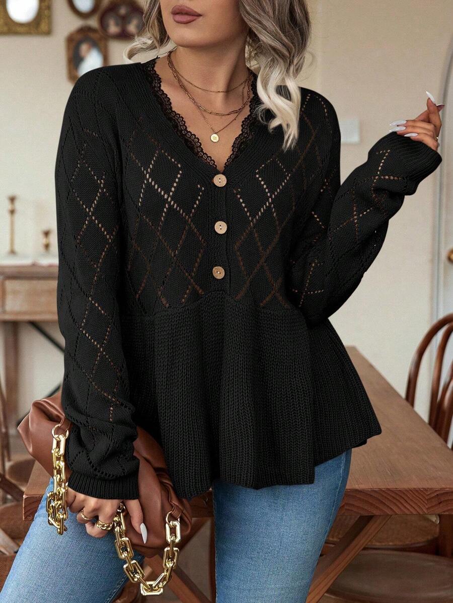 EMERY ROSE Plus Contrast Lace Button Front Peplum Pointelle Knit Sweater, For Winter Knit Pullover Fall Outfit - Black - View 1