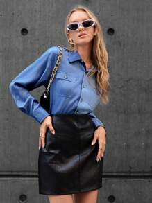 SHEIN Essnce 翻蓋口袋前紐扣襯衫 - 藍色 - 查看 6