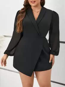 SHEIN Frenchy Talla grande Mono de malla en contraste de manga farol bajo cruzado sin cinturón - Negro - Ver 6