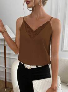 SHEIN Privé 蕾絲拼接吊帶上衣 - 咖啡棕 - 查看 1