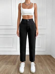 EURMUSE Solid Slant Pocket Jeans - Black - View 1