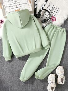 SHEIN Tween Girls Figure & Letter Graphic Hoodie & Sweatpants - Mint Green - View 2