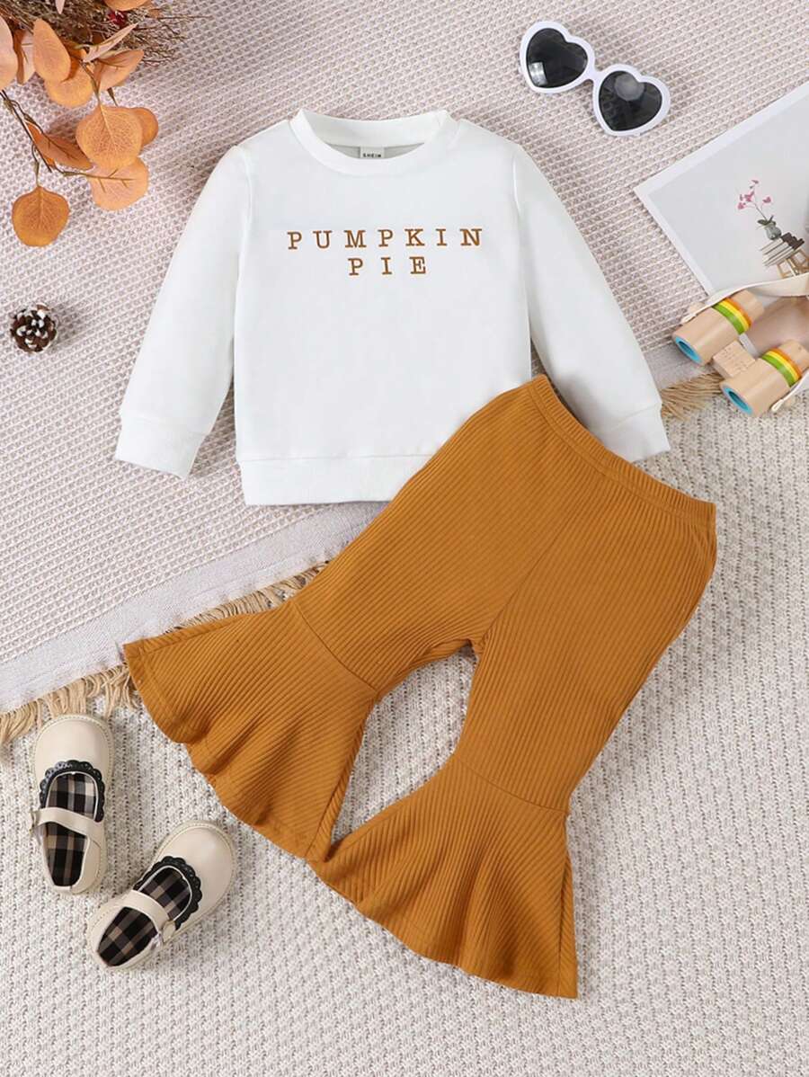SHEIN Baby Girl Letter Graphic Sweatshirt & Flare Leg Pants - Brown - View 1