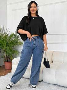 SHEIN EZwear Plus Solid Batwing Sleeve Tee - Black - View 6