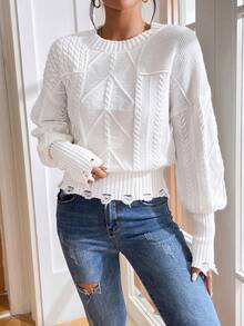 SHEIN Essnce Jersey tejido de cable de hombros caídos - Blanco - Ver 3