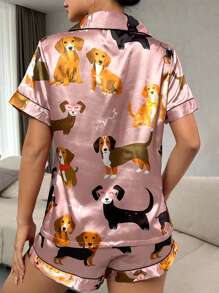 Conjunto de pijama / pijama de satén con gráficos de dibujos animados y ribete de contraste - Rosa vieja - Ver 2