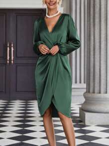 SHEIN Clasi Lantern Sleeve Wrap Hem Satin Dress Maxi Women Outfit Fall Cloth For Women - Dark Green - View 4