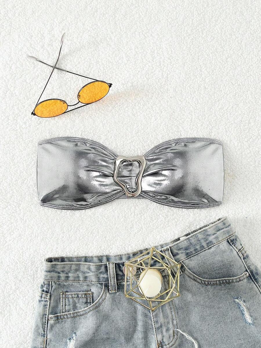 SHEIN Swim 金屬質感環鏈抹胸比基尼上衣 - 銀色 - 查看 1