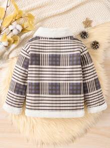 男小童格紋印花羊絨領口花呢外套 - 咖啡棕 - 查看 2