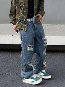 Manfinity EMRG Men Splash Ink Print Ripped Frayed Straight Leg Jeans Without Belt Oversize Long Acid Wash Jean Cargo Plain Dark Blue Going Out Punk Rock Rapper - Light Wash - View 6