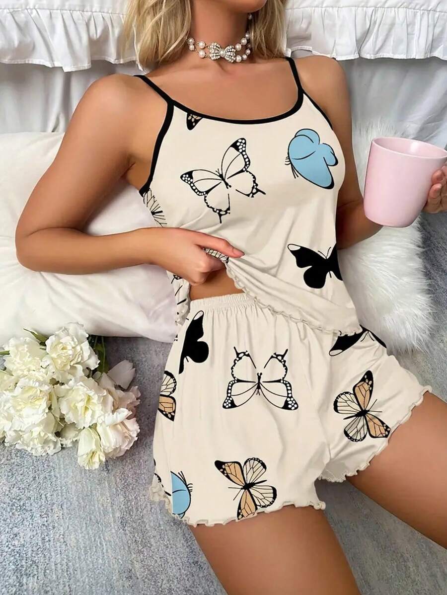 Butterfly Print Contrast Binding Lettuce Trim PJ Set / Pajama Set - Beige - View 1