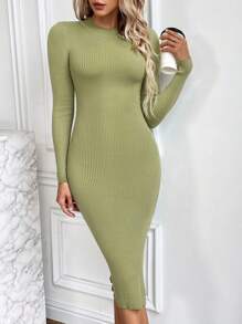 SHEIN Clasi Vestido de punto de muslo con abertura tejido de canalé - Verde - Ver 6