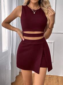 Firerie Cut Out Tank Top & Split Hem Skort - Burgundy - View 4