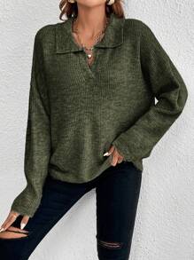 SHEIN Frenchy Pullover mit Einfarbig Drop Shoulder Rippenstrick - Grün - Übersicht 1